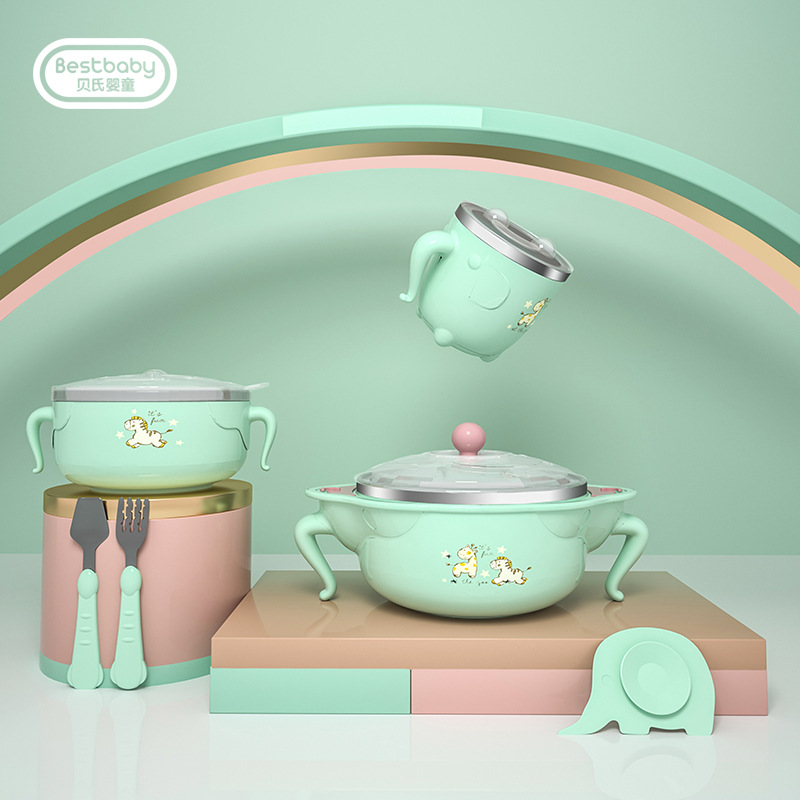 Baby anti-fall water-filled insulation bowl baby sucker non-staple food bowl and spoon six-piece set stainless steel children's tableware set