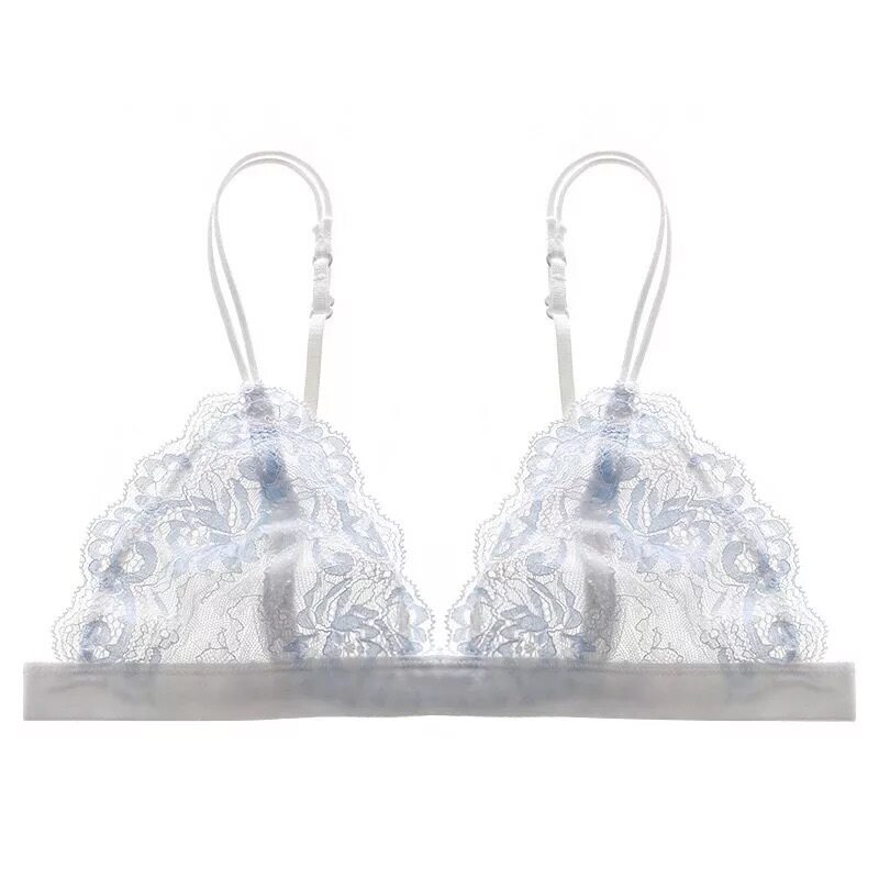 Mi Erjia bralette no steel ring ultra-thin lace soft cup ladies comfortable underwear outer wear bra light blue