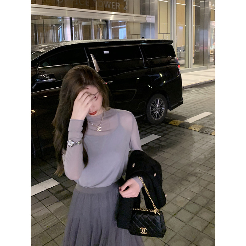 cchen Chen Chen_Mesh micro-transparent top women's 2022 new early autumn thin section slim fit long-sleeved sunscreen shirt