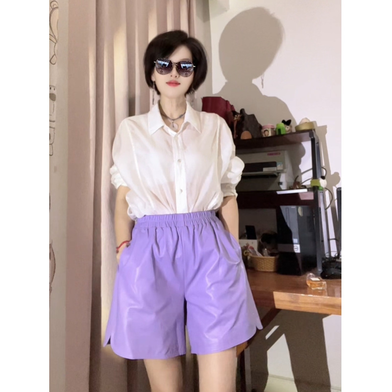 Elastic Waist, Comfortable and Stylish Sheepskin Wide-Leg Pants, Purple Genuine Leather Pants