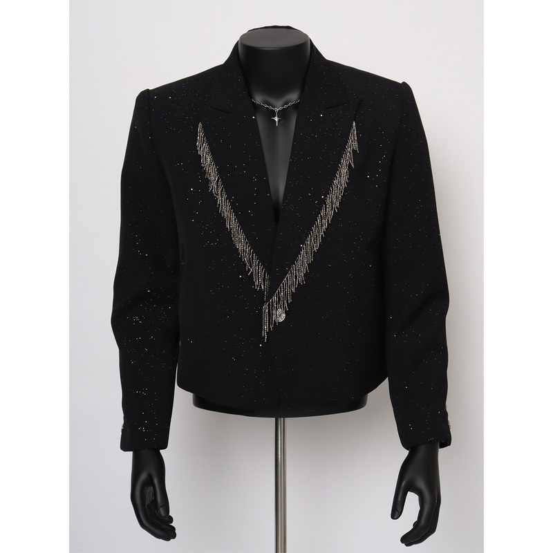 Starlit Sky Peaked Lapel Black Blazer for Men, Niche High-End Sequin Short Suit for Men