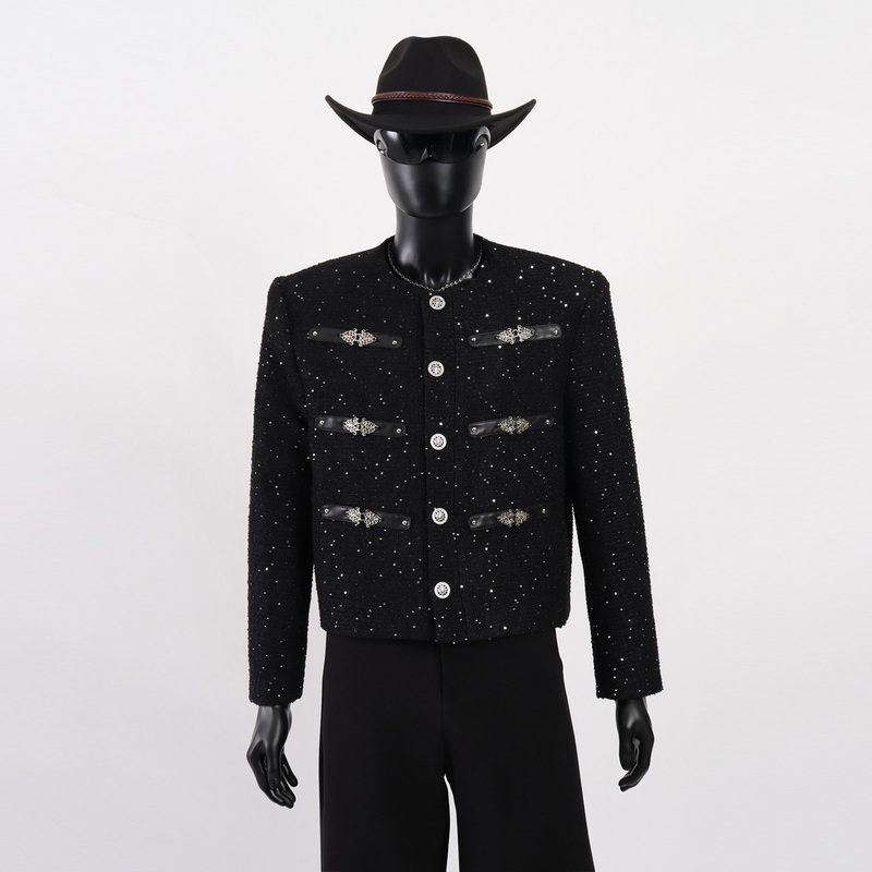 Starlit Sky Chanel-Style Black Short Jacket for Men with High-End Heavy Sequin Design and Shoulder Pads