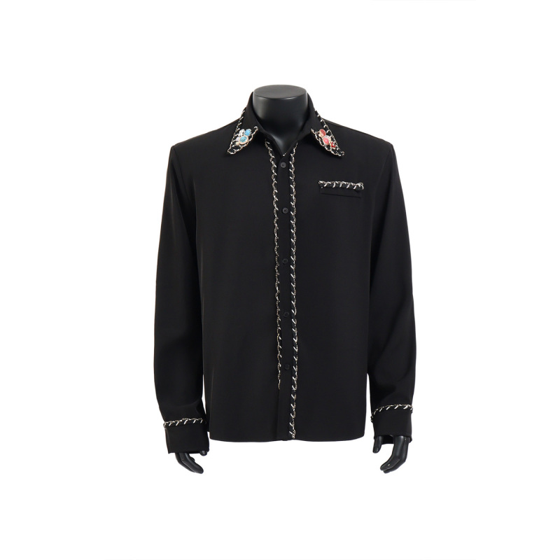 Starlit Sky Light Luxury Woven Piping Design Long-Sleeved Shirt with Colorful Diamond and Gemstone Embellishments, Shoulder Pads, and Non-Iron Finish