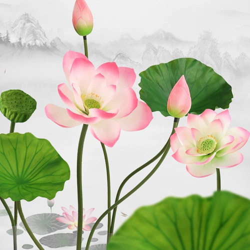 С шестом PU, фальшивые цветы лотоса, настоящие листья лотоса, ландшафт сцены бассейна, реквизит ландшафтной фотографии украшения