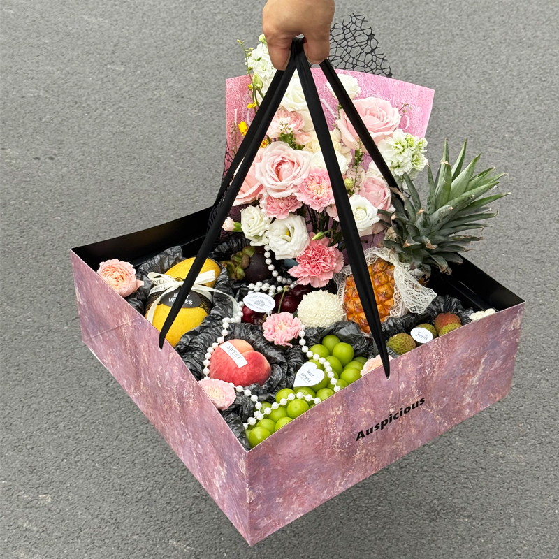 French-Style Fruit Gift Box with Pink Transparent Lid, High-End Mixed Packaging, Luxurious Hand-Held Gift Box, Light Luxury