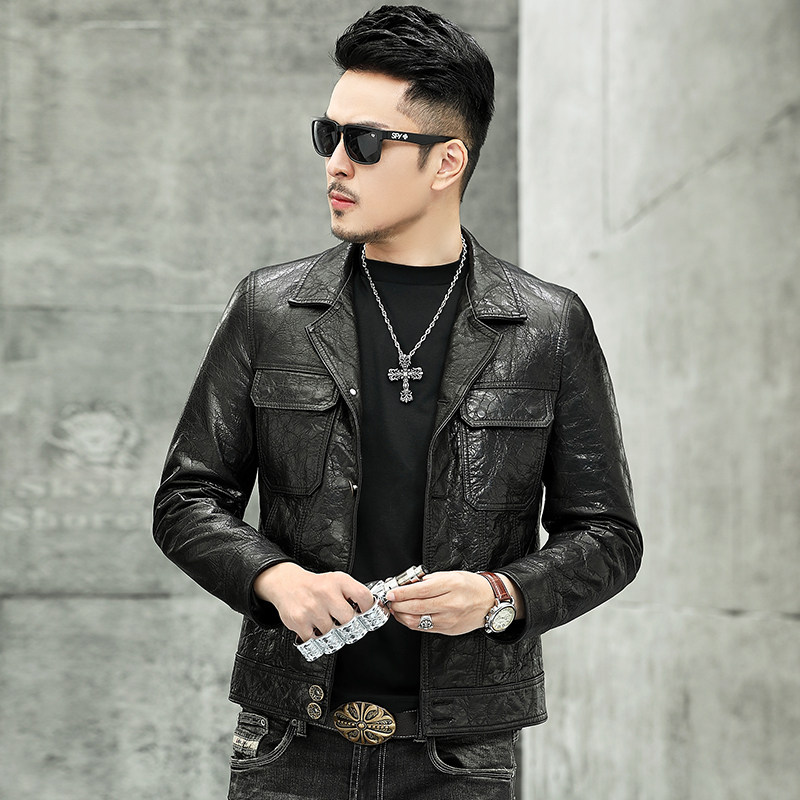 Leather leather men short vintage oil wax calfskin leather suit collar pocket button fashion jacket locomotive jacket jacket