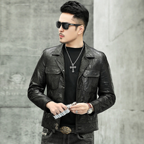 Leather Leather Men's Short Retro Oil Wax Calf Suit Collar Pocket Button Fashion Jacket Locomotive Suit Jacket