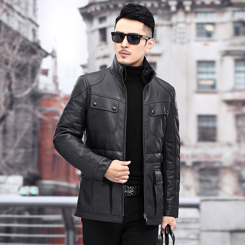 Leather Down Jacket Men's Tire Cowhide Leather Winter Large Size Thickened Haining Leather Jacket Casual Mink Jacket