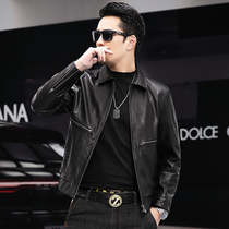 Cowhide leather men's short leather loose oil wax slim head lapel locomotive jacket handsome autumn jacket