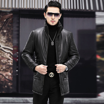 Leather Down Jacket Men's Long Oil Wax Cowhide Leather in Autumn and Winter Large Size Thickened Middle-aged Jacket Vertical Collar Jacket