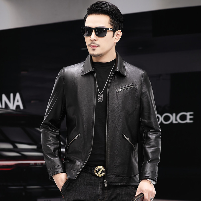 Henning Genuine Leather Leather Clothing Male short section Overturning Loose Head Layer Calf Leather Youth Locomotive Clothes Jacket Spring Autumn Season Jacket