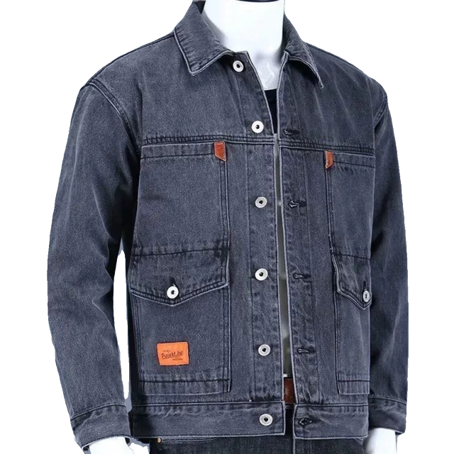 Denim jacket ຜູ້ຊາຍສະຖານທີ່ກໍ່ສ້າງການເຊື່ອມໂລຫະເຄື່ອງນຸ່ງຫົ່ມການເຮັດວຽກຕ້ານການ scalding ພັຍ, ທົນທານຕໍ່ຫຼາຍຖົງໃສ່ເສື້ອກັນຫນາວ lapel jacket