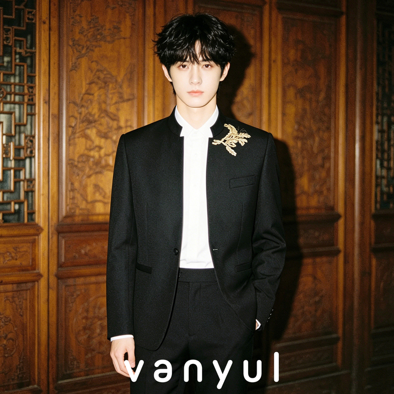 Vanyul New Chinese-Style Stand-Up Collar Suit for Men, Engagement and Wedding Dress, Gold Embroidered Zhongshan Suit, Groom's Toast Suit