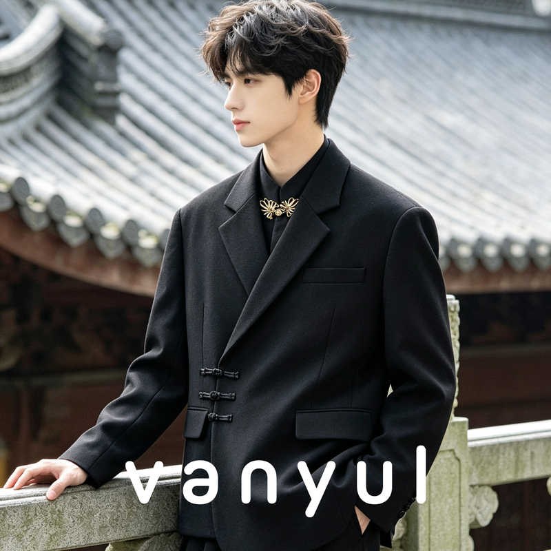 Vanyul New Chinese-Style Button-Down Suit for Men, Black, High-End, Suitable for Weddings and Engagements, Stylish Casual Suit