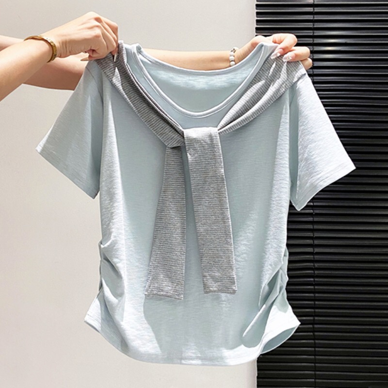 Fake Two-Piece Shawl Tie Short-Sleeve T-Shirt for Women, Summer 2026 New Design, Waist-Cinching Slimming Top, Light Blue