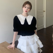 Large size 2021 summer French velvet flower braided collar short sleeve top women's high waist pleated skirt two-piece suit