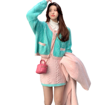 Small fragrant wind Short Round Collar Loose Green Temperament Long Sleeve Knit Cardiovert Women Spring New Sweater Jacket Suit