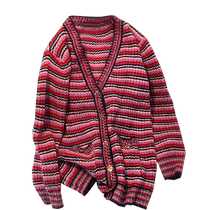 Autumn new contrast striped v-neck knitted cardigan for women Korean style loose fashionable and versatile mid-length sweater jacket