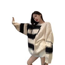Retro lazy style striped contrast sweater womens autumn and winter new loose fashion versatile mid-length knitted top trendy