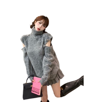 Designed gray hollow turtleneck sweater for women in autumn and winter new style loose high-end temperament versatile knitted top trendy
