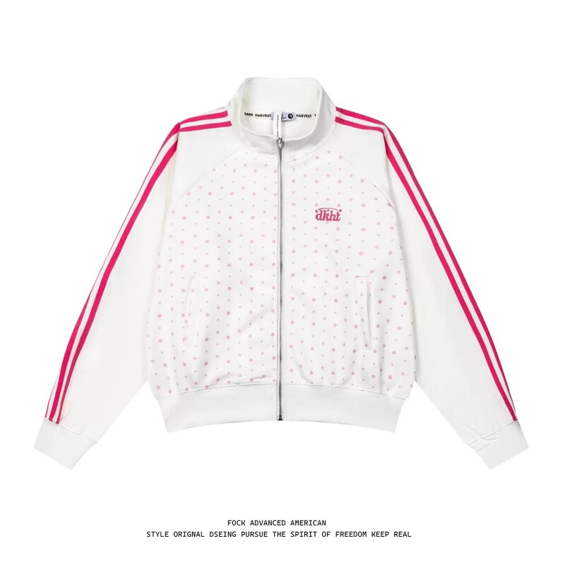 Fock American Retro Star Stand-Up Collar Zipper Jacket Women's Loose Casual Sports Jacket White Short Jacket Fock American Retro Star Stand-Up Collar Zipper Jacket Women's Loose Casual Sports Jacket White Short Jacket
