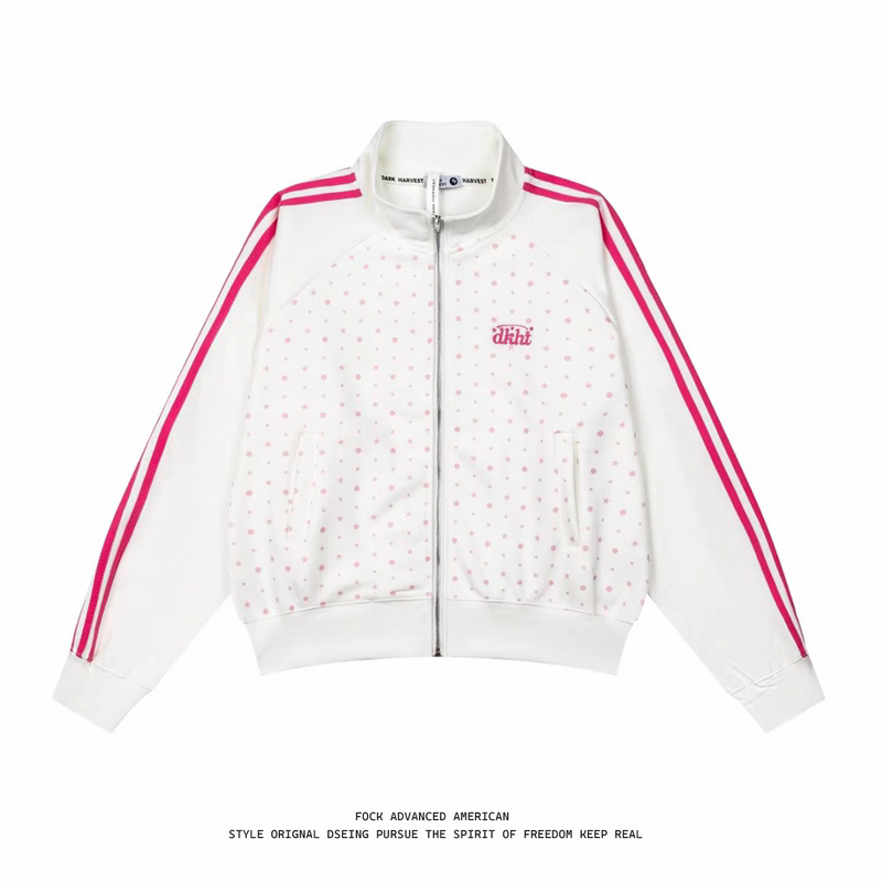 Fock American Retro Star Stand-Up Collar Zipper Jacket for Women, Loose Casual Sports Jacket, White Short Jacket for Men and Women