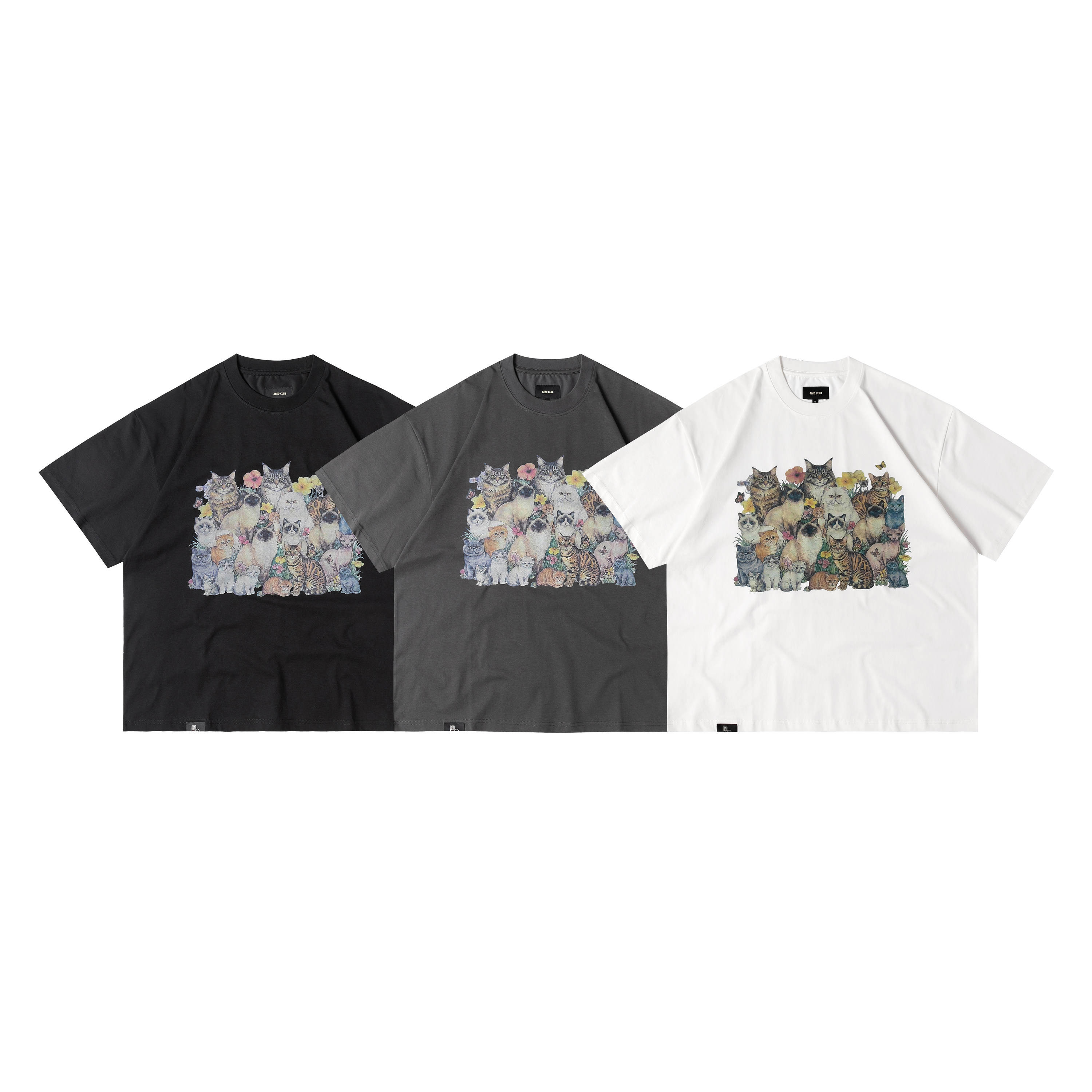 Seedclub Black Label (ลายภาพวาดครอบครัวแมวแบบย้อนยุค พิมพ์ดิจิทัล แขนสั้น) เสื้อยืดแขนสั้น น้ำหนักผ้า 255 กรัม/ตารางเมตร