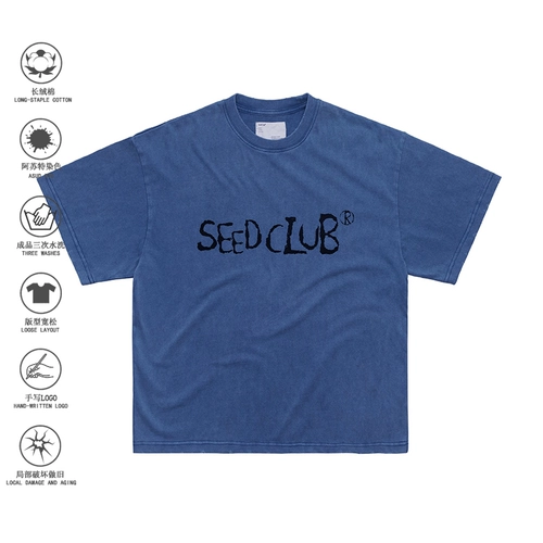 SeedClub21 двойная пряжа длинная бархатная хлопчатобумажная азета для окрашенной воды, старый разрушительный логотип почерка с коротким рукавом с коротким рукавом