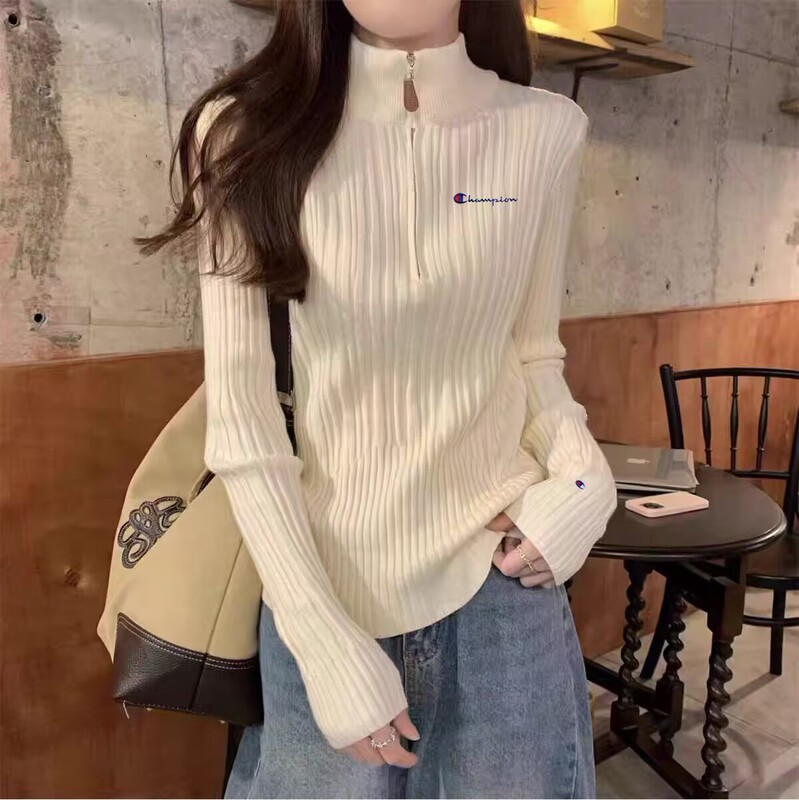 Japanese Version Champion Autumn and Winter New Embroidered Long-Sleeve Sweater with Zipper and Turn-Down Collar, Inner Knit Top, Stylish Base Shirt Japanese Version Champion Autumn and Winter New Embroidered Long-Sleeve Sweater with Zipper and Turn-Down Collar, Inner Knit Top, Stylish Base Shirt