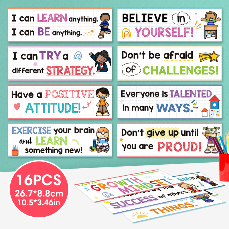 16 English Growth Mindset Inspirational Quotes, Kidsren's Classroom Decoration and Creative Environment Cards