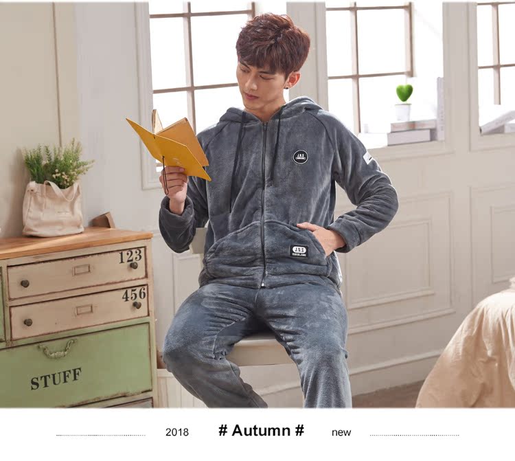 Nam Cực đồ ngủ đôi nam nữ mùa đông san hô flannel dày XL dây kéo trùm đầu dịch vụ nhà bộ đồ thu đông trung niên