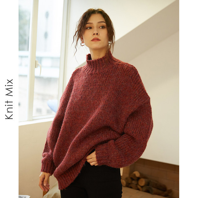 KnitMix sweater women's gray half-high collar loose lazy wind pullover thickened 2023 autumn and winter outerwear knitted sweater