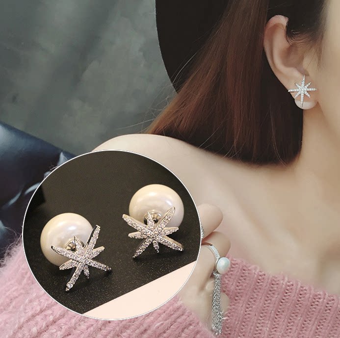 Korean version of snowflake double-sided pearl stud earrings 925 sterling silver temperament hypoallergenic diamond-studded star dual-purpose ear jewelry