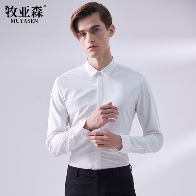 Mu Yasen long-sleeved men's shirt white anti-wrinkle business formal wear stretch slim dark placket shirt professional work clothes