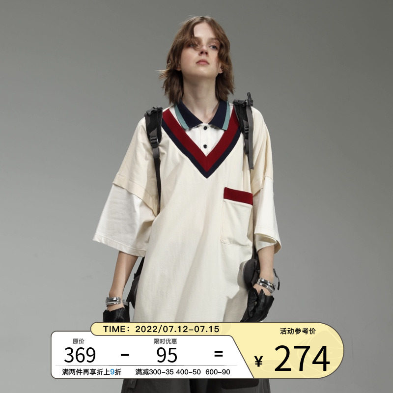 UNVESNO dummy two V-collar T-shirt Academy wind lovers loose male boomer shortsleeve POLO shirt Zheng Danone the same