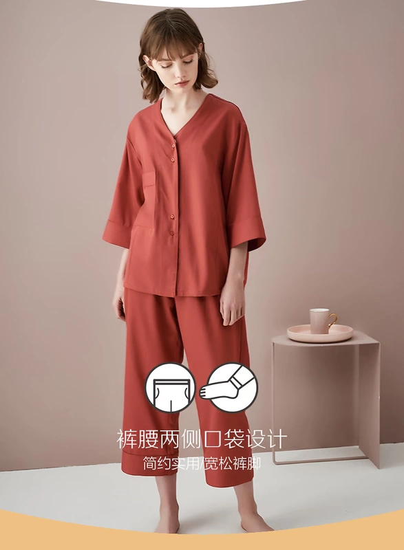 Đồ ngủ nữ đậu đỏ cotton modal tay áo mỏng lỏng lẻo giản dị mùa xuân và mùa thu mùa hè cộng với kích thước bộ đồ phục vụ tại nhà - Bộ Pajama