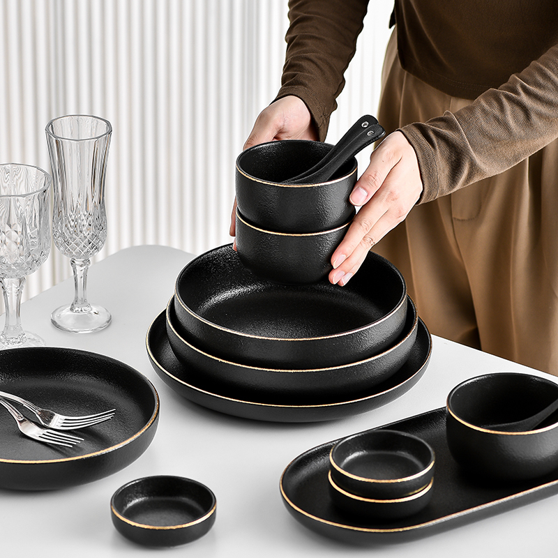 Scandinavian Simple Black Ceramic Gold-Rimmed Tableware Creative Frosted Steak Plate Household Dishes and Chopsticks Set Free Combination