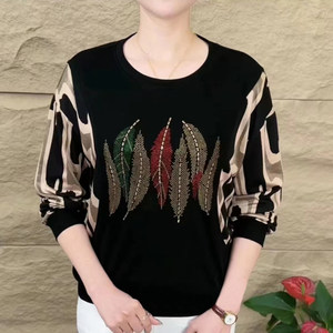 2026 Spring/Summer New Long-Sleeve Spring and Autumn Rhinestone Embellished Middle-Aged Women's Fashionable Loose Cotton T-Shirt for Moms