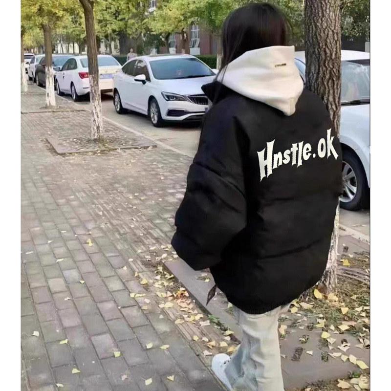 American-Style Letter Print Black Cotton Jacket for Women, Autumn and Winter Loose down Cotton Coat, Warm Padded Jacket, Thickened for Middle School Students