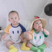 INS của Hàn Quốc hạnh phúc khuôn mặt cười-to-vai ngắn tay túi rắm bé sie-mặc kaki tam giác leo jumpsuit