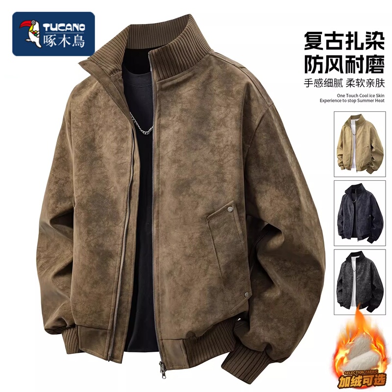 Woodpecker 2026 Autumn and Winter Retro Style Tie-Dye Stand Collar Jacket Men's Velvet Warm Windproof Loose Jacket