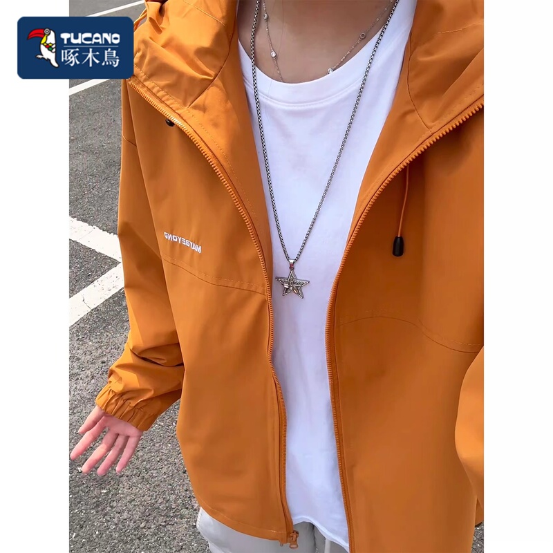 Woodpecker Orange Jacket for Men and Women, Autumn Dopamine Style Outdoor Hiking Clothing, Windproof and Waterproof Hooded Jacket