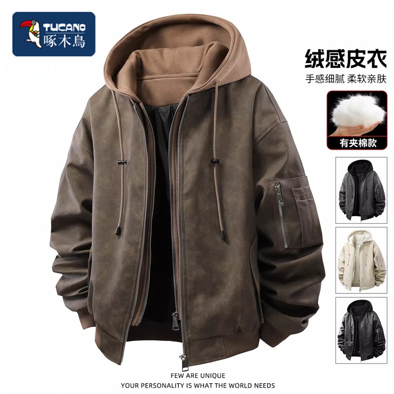 Woodpecker American Retro Style Hooded Pu Leather Jacket for Men, 2026 Autumn and Winter Thickened Warm Biker Jacket