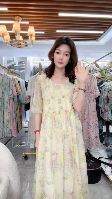 Hmy6062901 2026 New Style Atmospheric Watercolor Floral Accordion Pleated Mid-Length Round Neck Dress