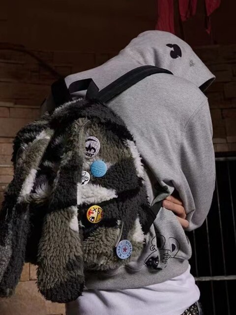 Retro Millennium Y2K Rabbit Ear Camouflage Hip-Hop Plush American Campus Backpack Niche Design Unisex