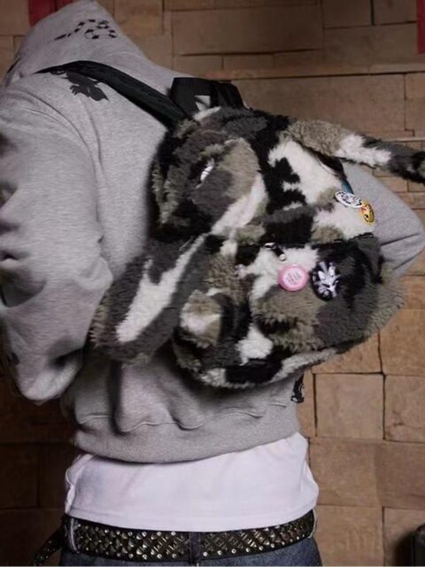 Retro Millennium Y2K Rabbit Ear Camouflage Hip-Hop Plush American Campus Backpack Niche Design Unisex