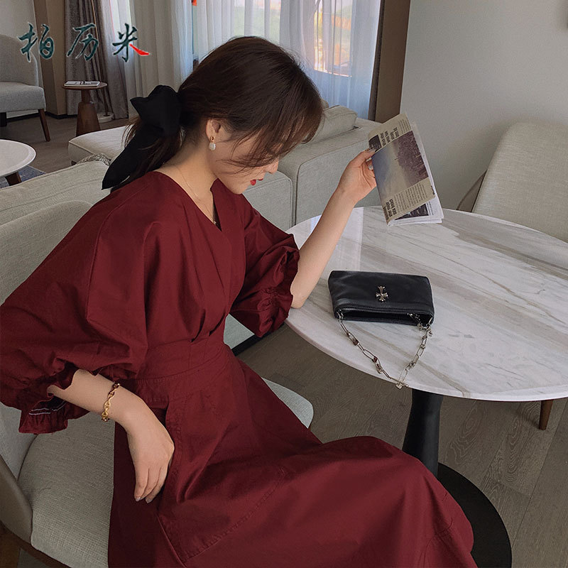 French-Style Puff-Sleeved Burgundy Dress for Women, New Summer Model, Hepburn-Style Retro Niche Socialite Elegant Long Dress