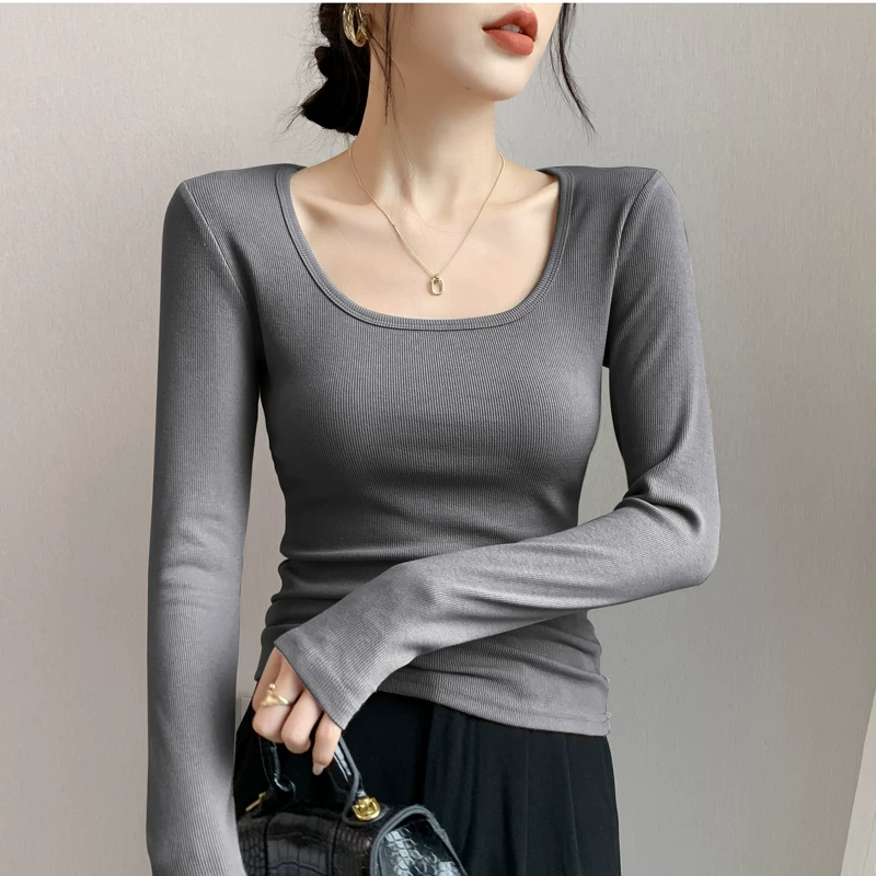 Базовый облегающий телу деми-сезон белый длинный рукав, slim fit, квадратный вырез