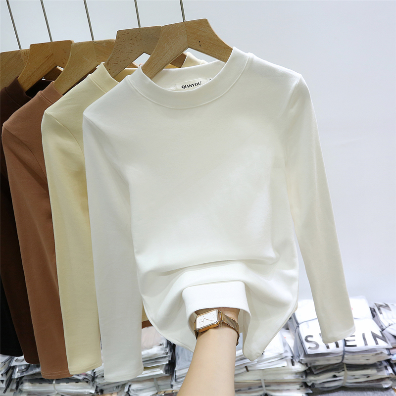 White beating undershirt 2023 new female autumn winter long sleeve t-shirt plus suede thickened inner lap collar pure cotton upright collar blouses-Taobao