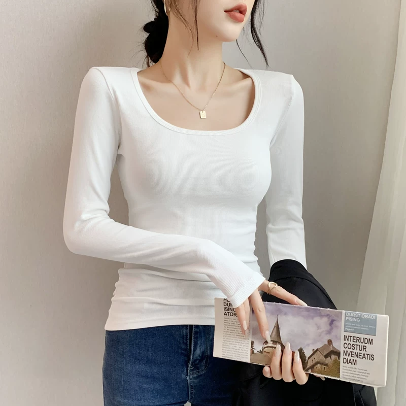 Базовый облегающий телу деми-сезон белый длинный рукав, slim fit, квадратный вырез